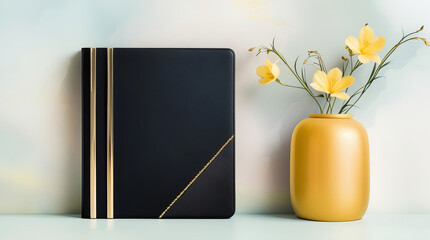 A minimalist still life featuring a sleek black notebook with a round yellow vase filled with delicate yellow wildflowers.