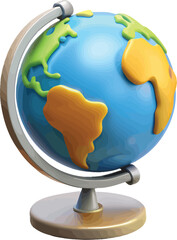 A vibrant and stylized 3D rendering of a classic globe, showcasing continents in bold colors on a sleek, metallic stand.