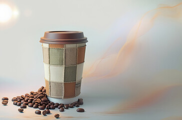 A textured coffee cup with a patterned sleeve resting on scattered coffee beans.