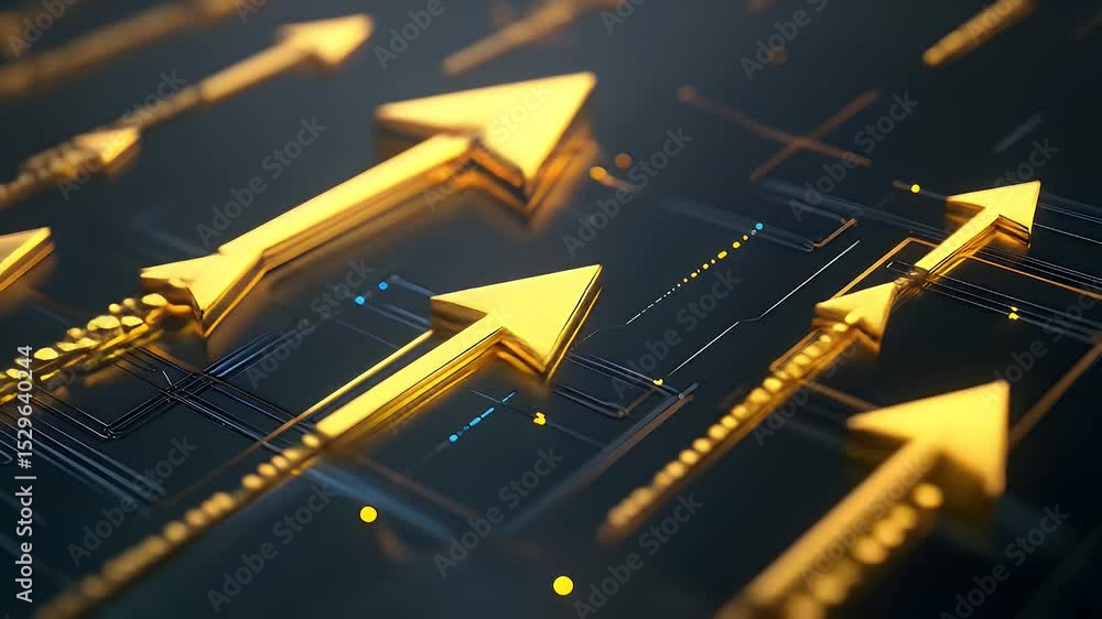Poster golden arrows ascending on dark circuit board background highlighting technological progress and fin
