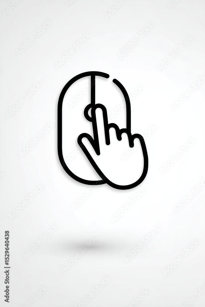Poster a minimalist line drawing of a hand clicking a computer mouse on a white background surface view