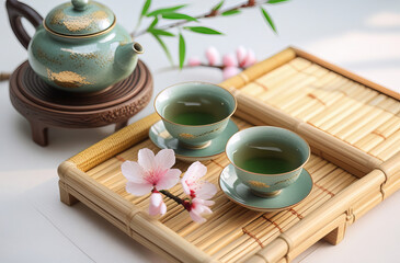 A serene tea setting featuring a beautifully crafted green teapot with golden accents, resting on a dark wooden tray.