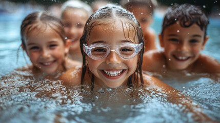 Children swimming in pool, happy faces, splashing water