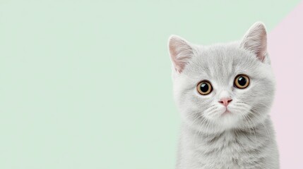 Fototapeta premium Cute gray cat with large eyes posing against a pastel background