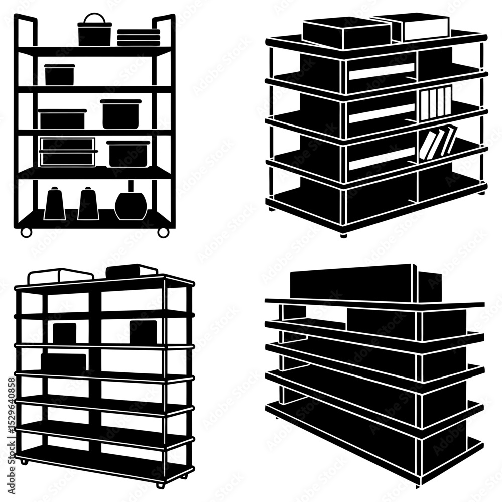Aufkleber four different styles of shelves with varying numbers of shelves and items on them in black and whit