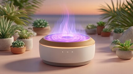 Smart pet feeder with AI voice recognition for personalized feeding, A modern diffuser emitting vibrant purple mist in a serene setting. Pet using feeder with voice command interaction