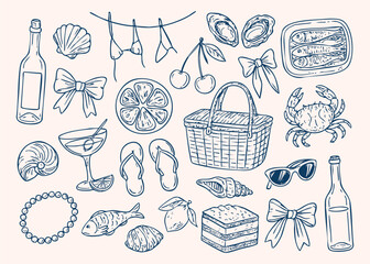 Hand drawn trendy vector illustration of Italian summer vacation theme. Seafood, lemon, cocktail, bows, seashells etc in doodle sketch style. Sea weekend, beach party, picnic concept.