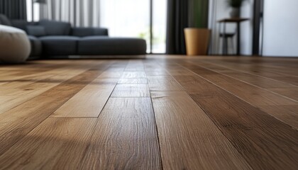 Wood floor. Light wooden flooring closeup. Shiny new hardwood floor. House renovation, changing floor to parquet. Beautiful golden hands craped oiled oak brushed for texture grain. Empty living room
