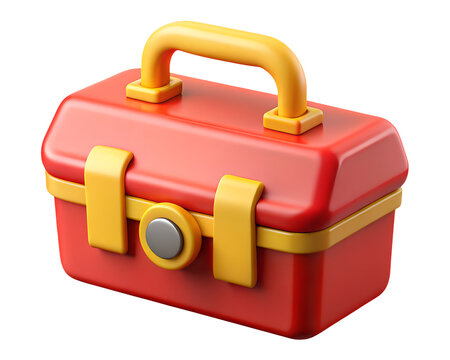 3D cartoon red toolbox with yellow handle and latch on transparency background, ideal for tool storage or handyman visuals