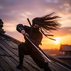female ninja holding a sword on the old building roof for the mission of assassin