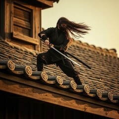 female ninja holding a sword on the old building roof for the mission of assassin