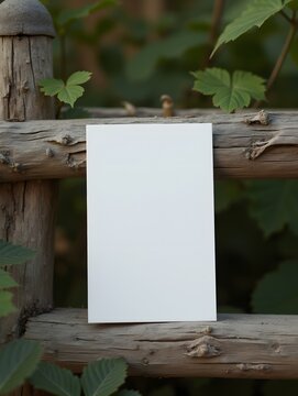 Minimalist business card mockup against rustic wooden fence with greenery
