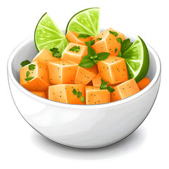 Delicious sweet potato salad with cheese, lime and fresh herbs, in a deep plate on a white background