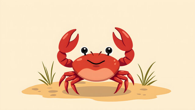 Red crab walking on sandy beach shore illustration with beige background natural scene