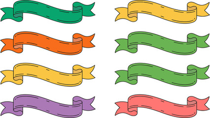 Multicolor scroll ribbon icons. Clean banner shapes in bright festive colors for wrapping or titles  