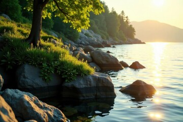 Golden sunlight bathes lush green plants clinging to rocky lakeshore , plants, landscape, nature