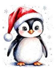 Fototapeta premium cute penguin in santa hat watercolor illustration holiday card.