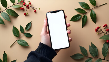 Hand Holding Smartphone Mockup with Blank Screen on Brown Background - Free Download & Design Ideas