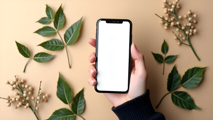 Hand Holding Smartphone Mockup with Blank Screen on Brown Background - Free Download & Design Ideas