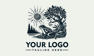 Stylized black and white illustration of a frog surrounded by foliage and water elements. Nature and wildlife concept