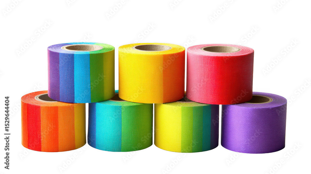 Poster seven rolls of colorful kinesiology tape are arranged in a pyramid shape, creating a vibrant and vis