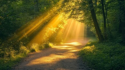 Obraz premium Sunbeams Illuminate Forest Path