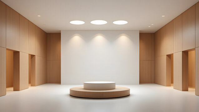 Modern luxury home interior design, showcasing contemporary furniture and architectural elements, Empty stage podium with wooden background, Interior of a house