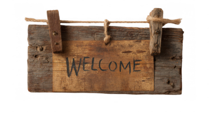 Hand painted welcome sign on rustic wood plank hanging from a rope with clothespins on a transparent background, adding a touch of vintage charm and hospitality