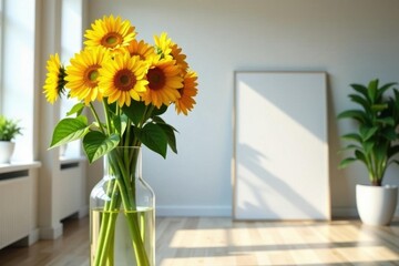 Tall yellow sunflowers in large floor vase, bright office setting, office, summer