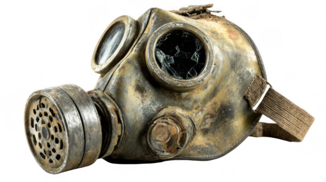 Close up of a vintage gas mask with a shattered front cover, showing signs of wear and tear, isolated on a transparent background, emphasizing its age and disrepair