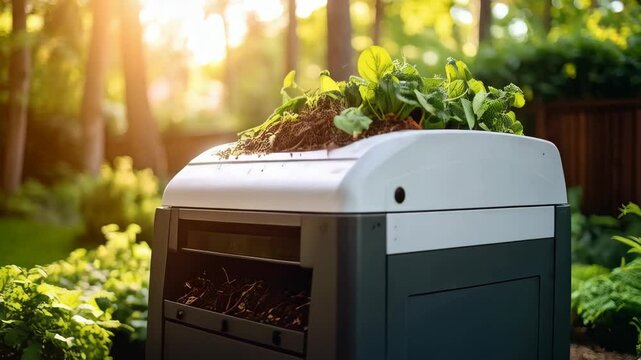 Modern electric composter in a lush garden with sun flare, showing soil and plant matter on top, eco-friendly composting.