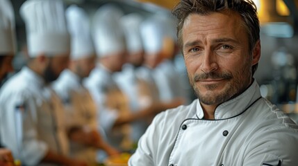 A confident chef, dressed in a traditional white chef coat, stands with a focused expression in a bustling kitchen, showcasing leadership amidst culinary creativity.