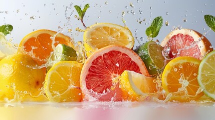 A vivid assortment of citrus fruits bursts into a splash of water, capturing the refreshing essence of summer with bright colors and lively movement in the image.