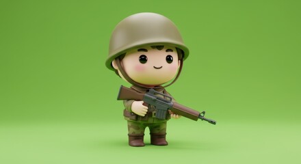 Cute cartoon soldier character standing on green background