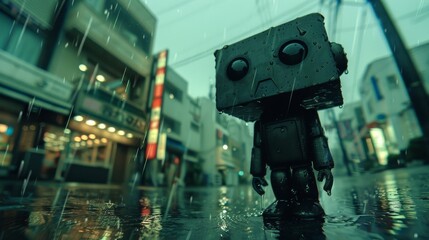 A charming little robot stands in the rain on a bustling city street, expressing loneliness and curiosity amidst urban life in a moody atmosphere.