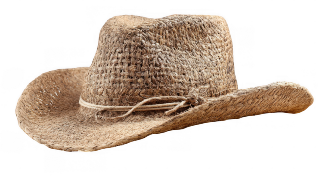 Woven straw cowboy hat with a simple rope band, isolated on a transparent background, offering versatile usage for western themed designs and projects