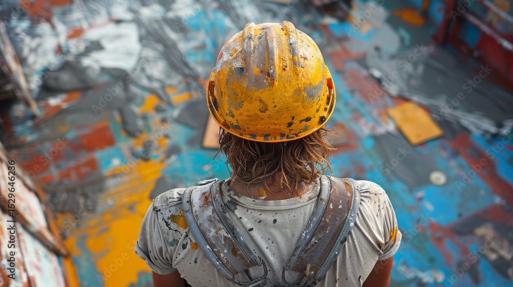 Aufkleber a painter stands overlooking a vibrant, abstract canvas filled with colorful paint splashes, symboli