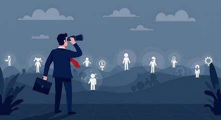 Businessperson searching for opportunities in a diverse landscape.