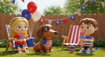 Cartoon kids and dog holding American flags at outdoor celebration
