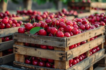 A vibrant array of fresh, ripe cherries displayed in wooden crates, representing the abundance and sweetness of nature's harvest during the peak of summer fruiting season.