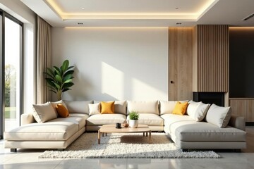 Minimalist living room, clean lines, neutral palette, home, beige, plant