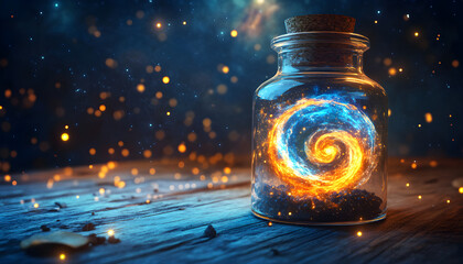 A luminous potion with a swirling galaxy inside