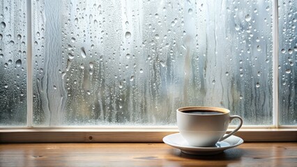 Rainy Day Coffee: Double Exposure Windowsill Coffee Photography, AI Generated Image