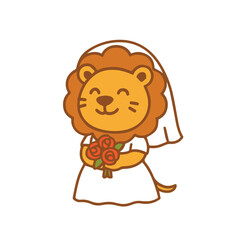 Cute Lion Bride with Roses Bouquet 
