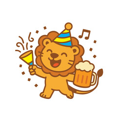 Happy Lion Celebrating with Confetti and Party
