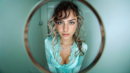 Portrait dans un miroir rond: style romantique en robe turquoise