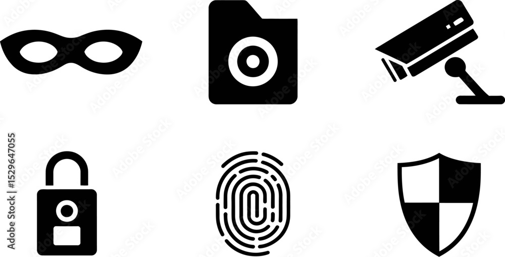 Poster security icons set vector illustration of protection elements like mask camera fingerprint and shiel