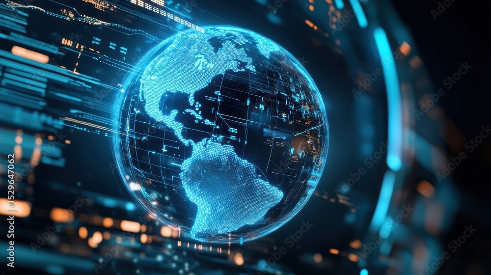 Poster a digital 3d globe with glowing blue continents and interconnected data streams symbolizes global co
