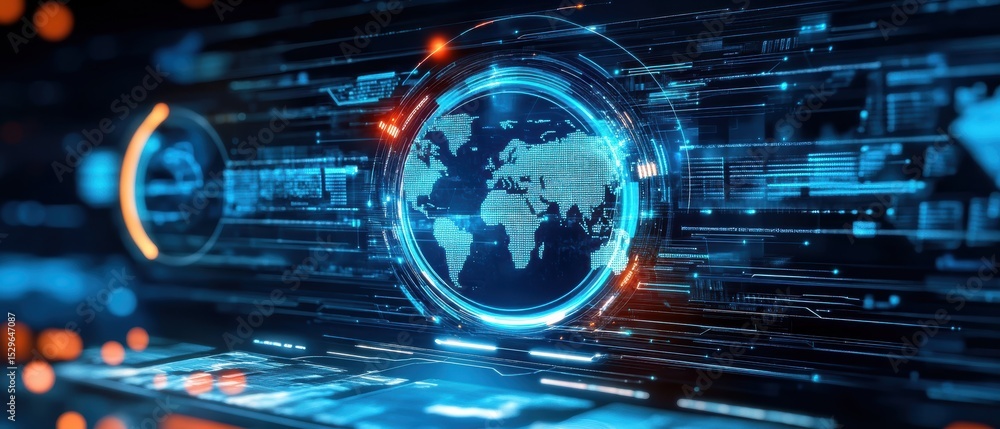 Poster a glowing digital world map surrounded by futuristic blue and orange data streams and technological 
