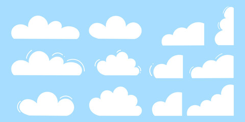 Set of white cloud icons on a blue background. Cloud shapes vary in size and form. Simple cloud design for weather or sky themes. Cloud icons in a grid layout. Weather illustration, vector set.